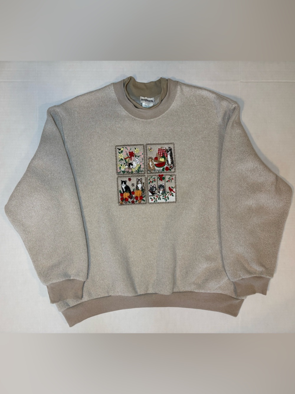 BonWorth VTG Beige Terry Sweatshirt Embroidery Seasonal Cats Kittens Size PXL